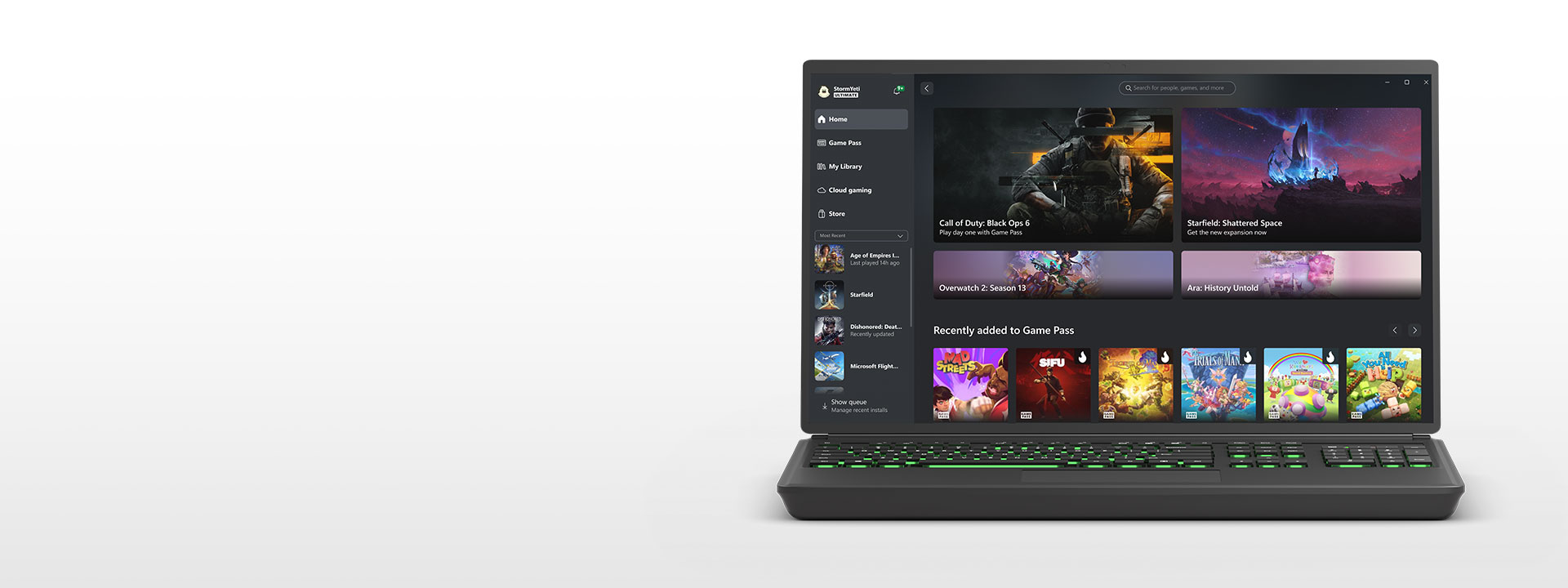 The Xbox PC app user interface shown on a laptop screen