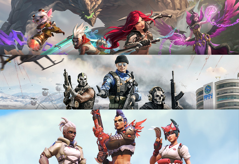 Game art from multiple free-to-play games including League of Legends, Call of Duty: Warzone, and Overwatch 2