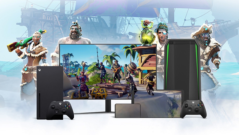 Multiple devices showing Sea of Thieves gameplay.