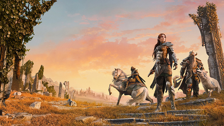 Three fantasy characters stand ready to fight in a ruin of Summerset, at sunset