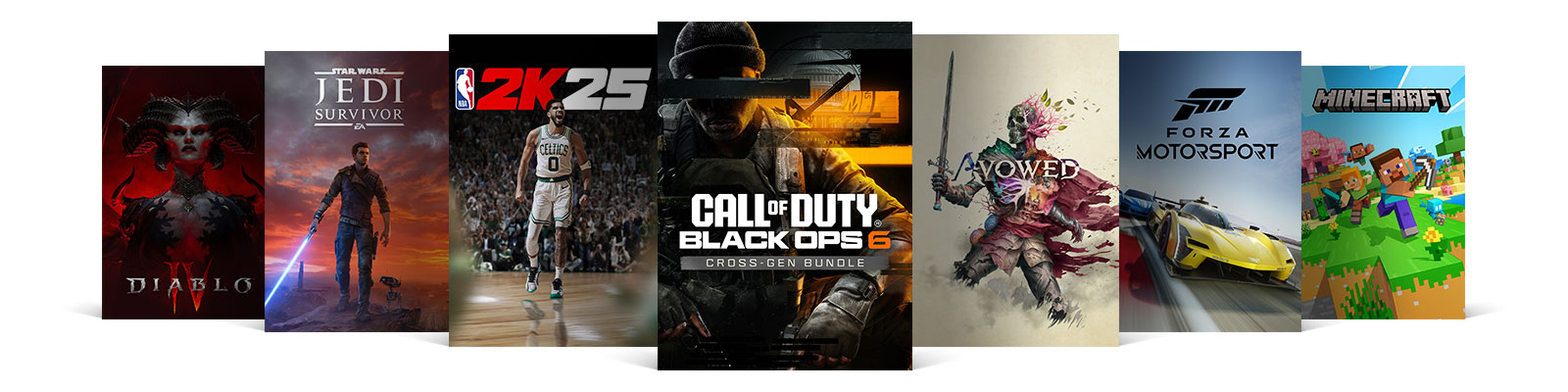 A lineup of game box shots including Diablo IV, Star Wars Jedi Survivor, NBA 2K25, Call of Duty®: Black Ops 6, Avowed, Forza Motorsport, and Minecraft