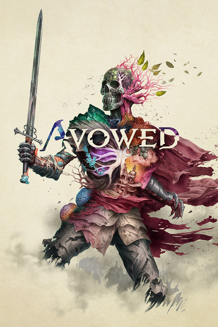 Avowed logo, a skeletal warrior’s cape billows in the breeze as their body decays into plant matter