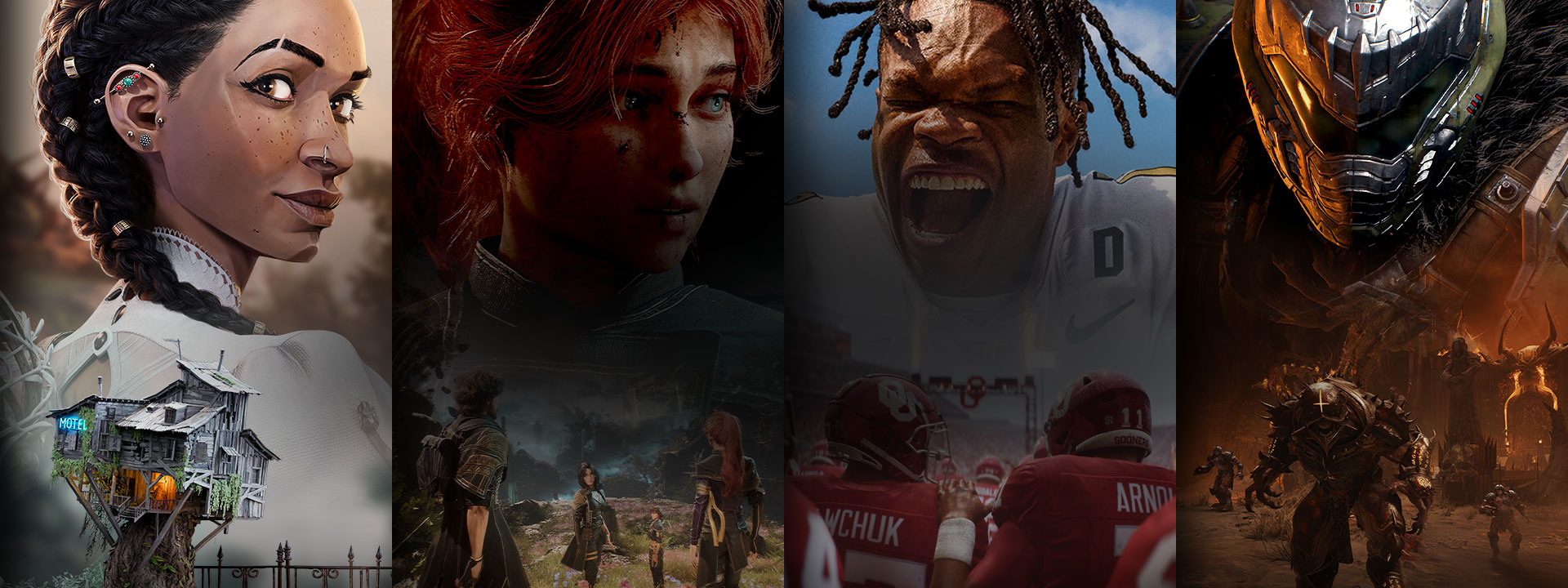 A selection of games available or coming soon with Game Pass including South of Midnight, Clair Obscur: Expedition 33, EA SPORTS College Football 25, and DOOM: The Dark Ages