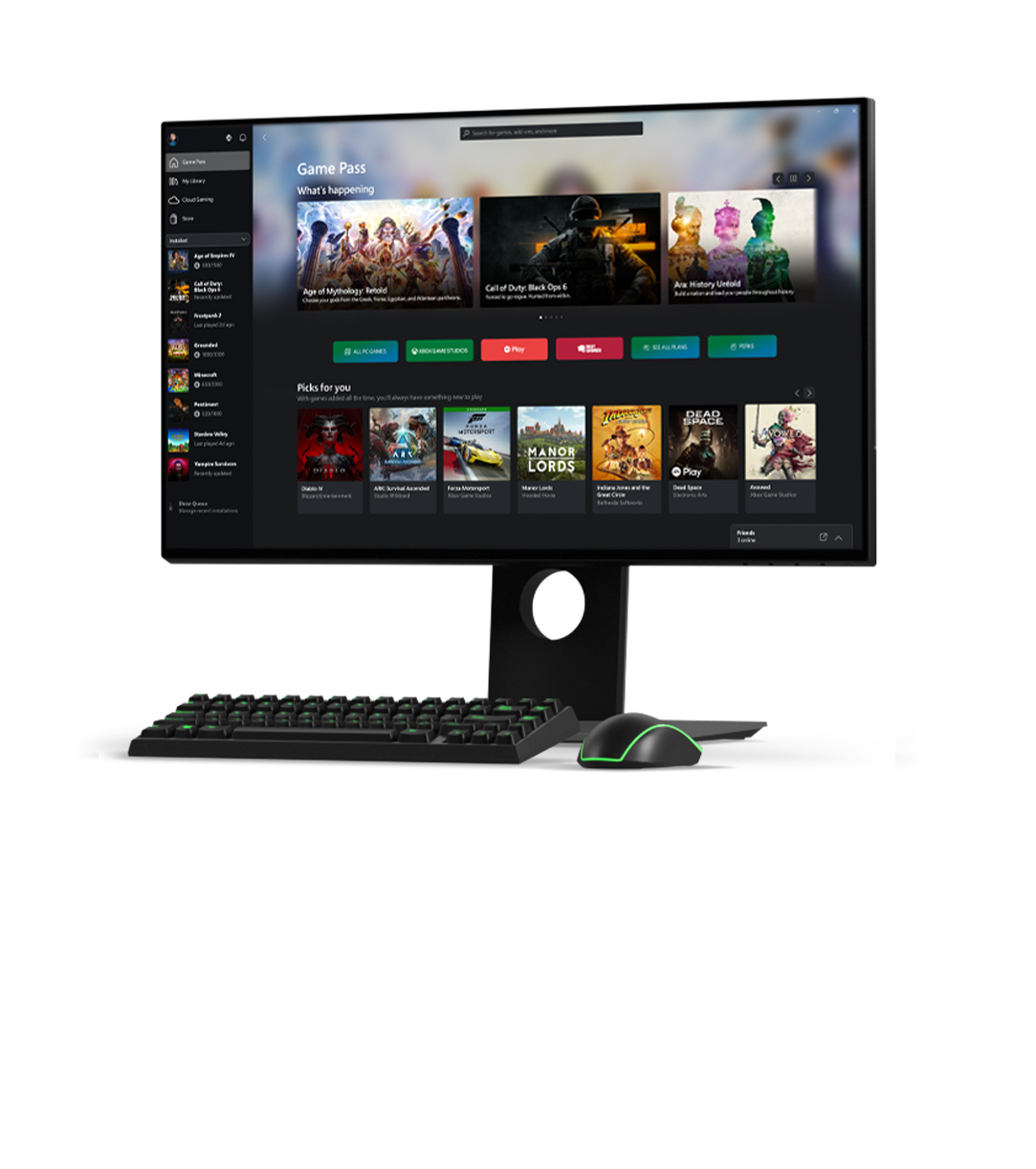 front view of a monitor displaying a menu from the Xbox app on Windows PC