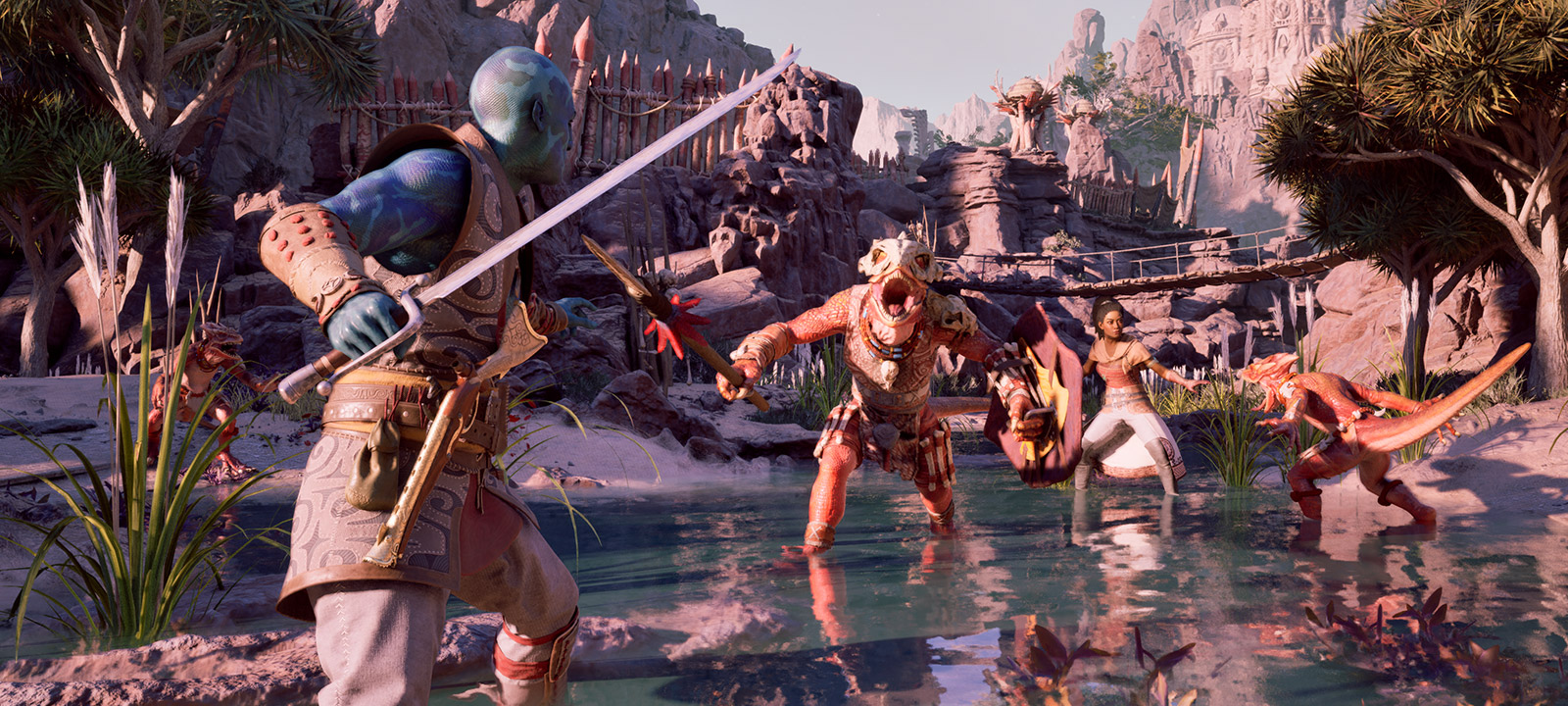 Kai and Giatta defend themselves from Xaurip attackers.