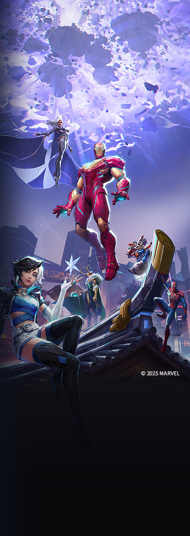 版權所有 2025 Marvel。鐵甲奇俠、暴風女和其他 Marvel 超級英雄集結，站在屋頂上，天空泛起一片紫色，仿佛搖搖欲墜。