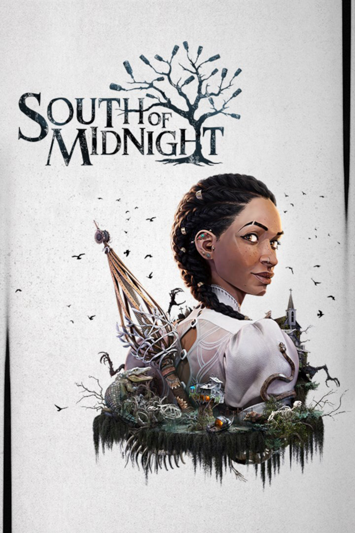 South of Midnight logo, Hazel looking over her shoulder as black birds fly around her head.