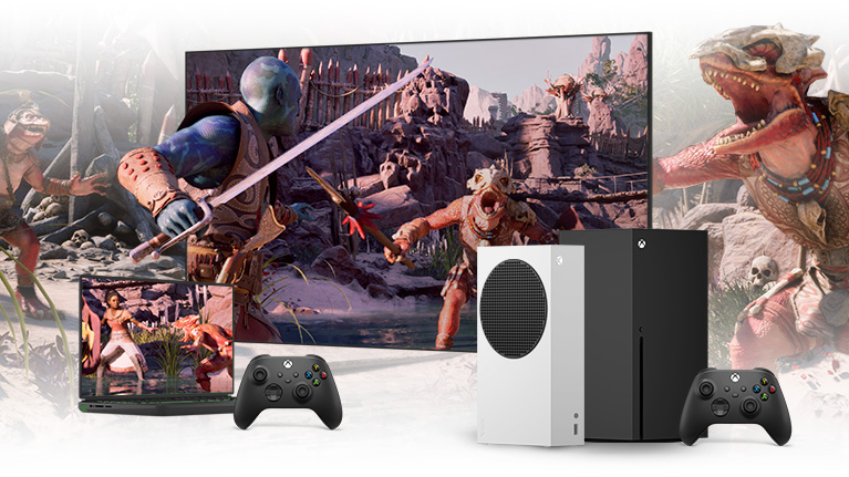Avowed art on a tv and laptop with Xbox controllers, Xbox Series X and S