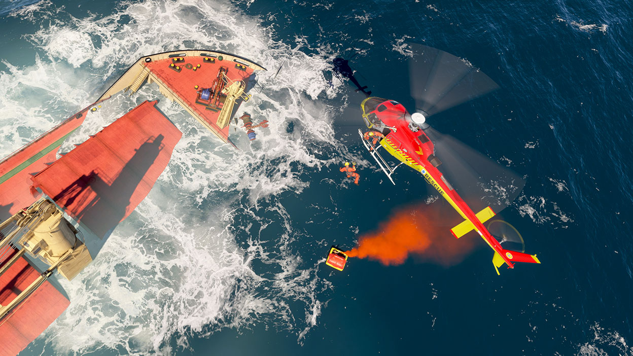 A rescue helicopter flying over a giant sinking ship.