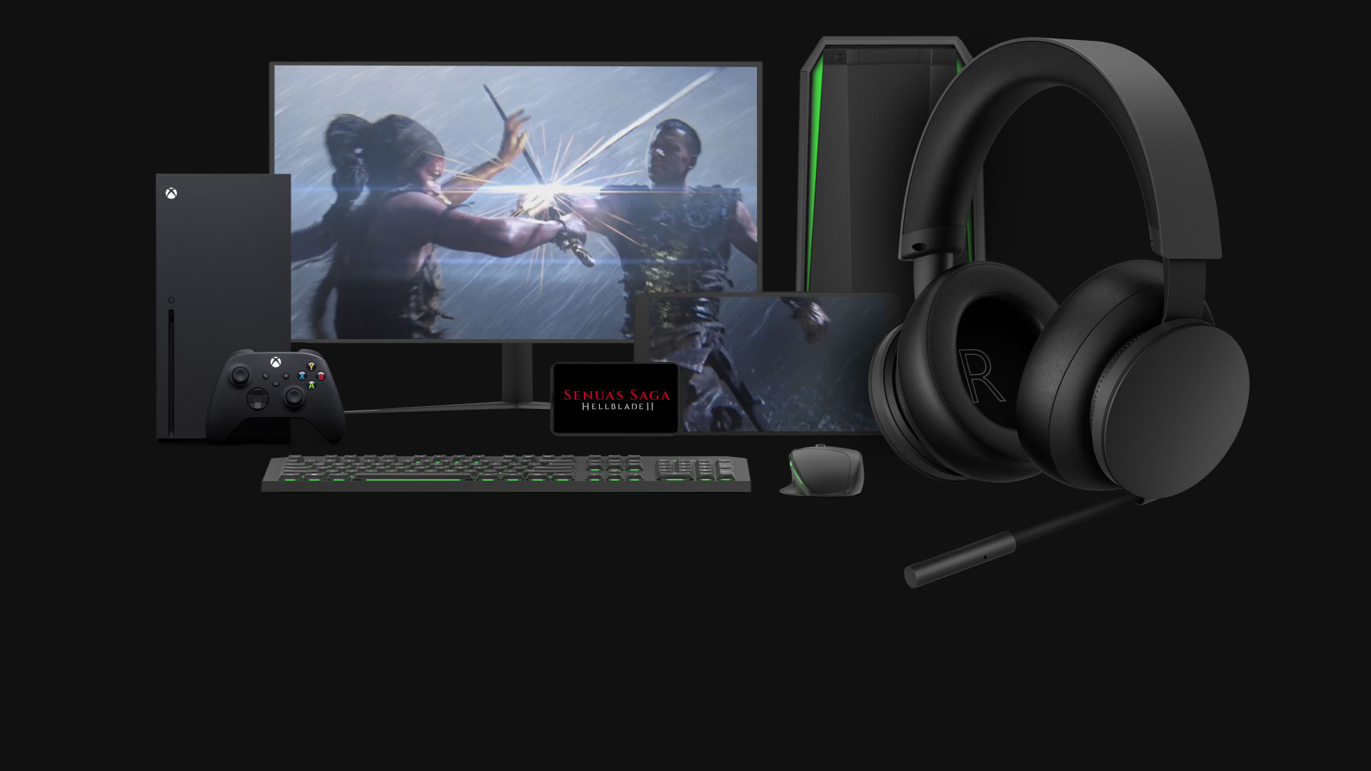 The Xbox Stereo Headset sits in front of a selection of devices it is compatible with, including the Xbox Series X, Windows PC, and a mobile device.  The mobile device features the title of the game, Senua's Saga, Hellblade II.