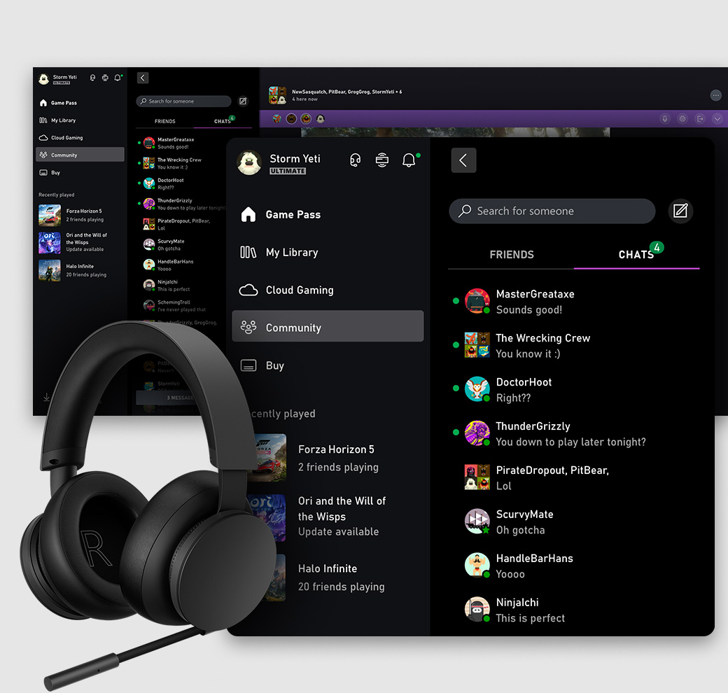 Xbox PC app user interface showing the social tab