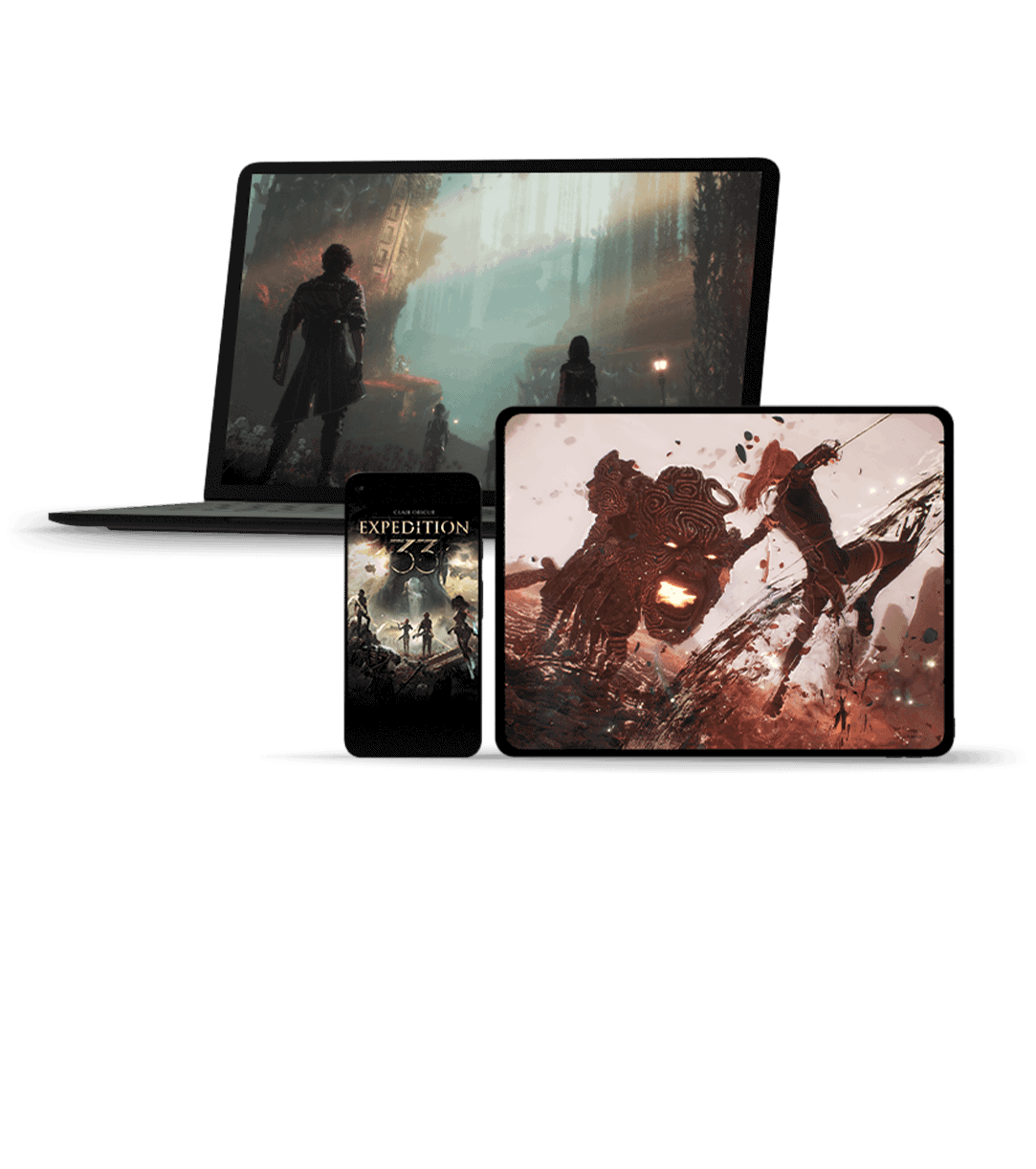 Front view of three different monitor screens displaying images from Clair Obscur: Expedition 33.