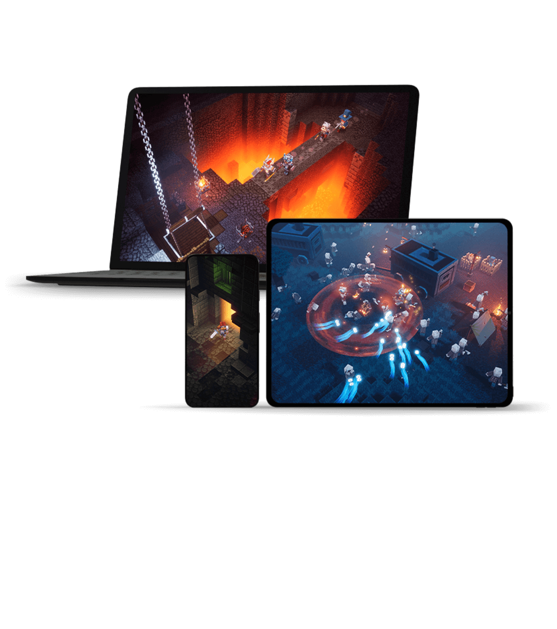 front view of three different monitor screens displaying Minecraft Dungeons