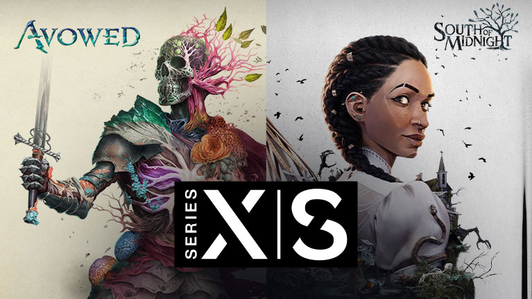 Avowed logo, South of Midnight logo, A skeletal figure holding a sword with plant matter growing out of its chest and Hazel looking over her shoulder as black birds fly around her head.