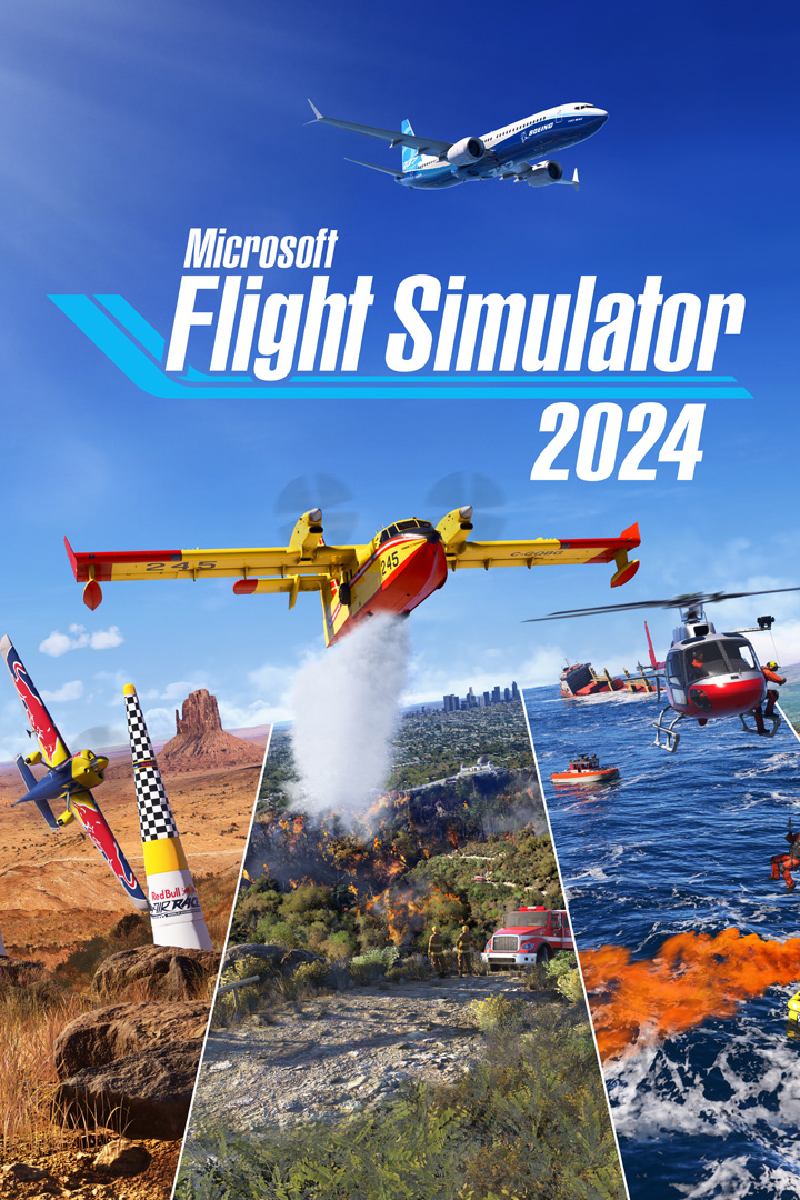 Microsoft Flight Simulator 2024 logo, Planes, blimps, and hot air ballons flying over multiple different scenes of nature.