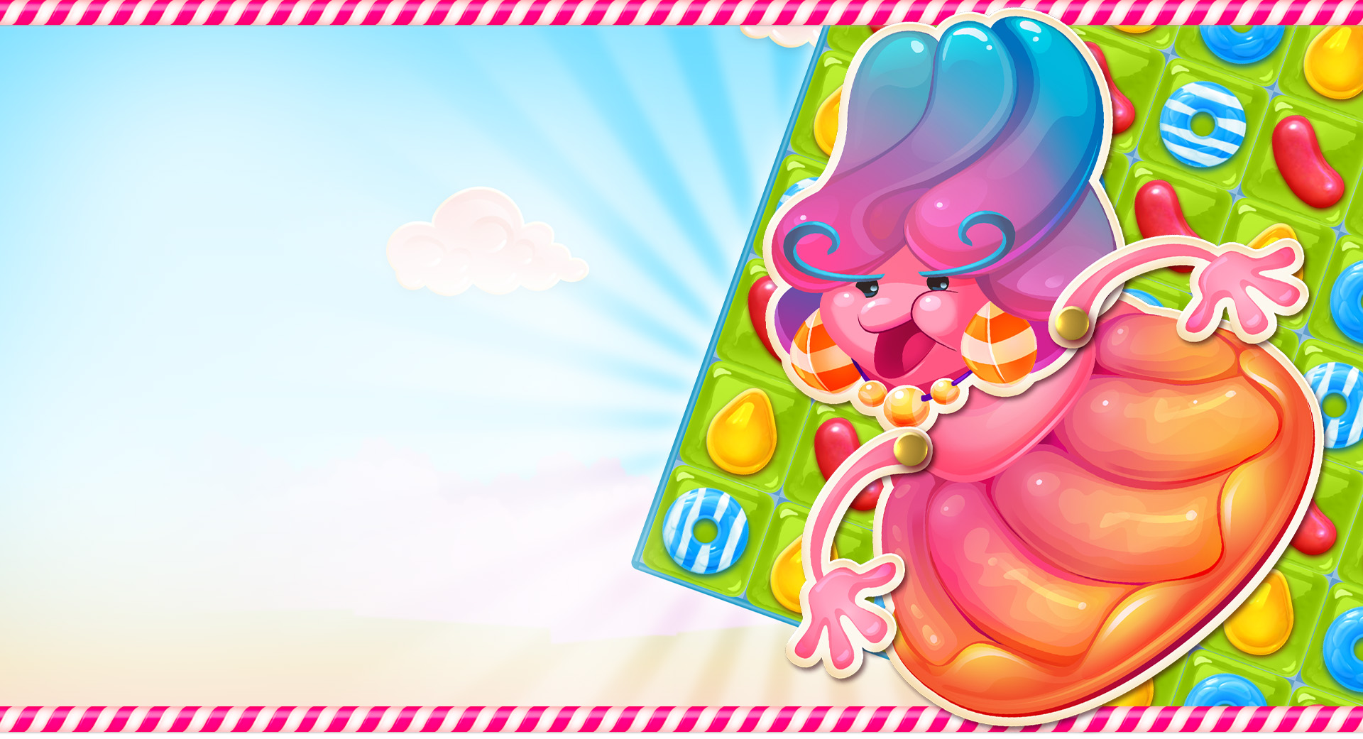 Die Jelly-Queen lächelt fröhlich vor einem Candy Crush Jelly Saga-Spielbrett.