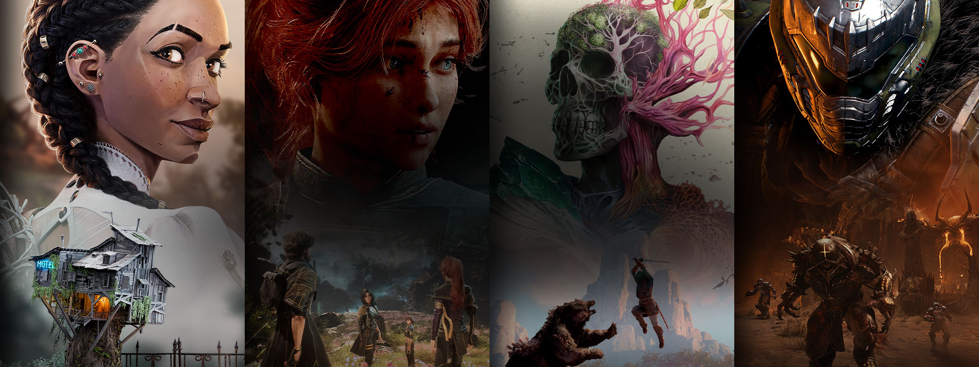 A selection of games available or coming soon with PC Game Pass including South of Midnight, Clair Obscur: Expedition 33, Avowed, and DOOM: The Dark Ages