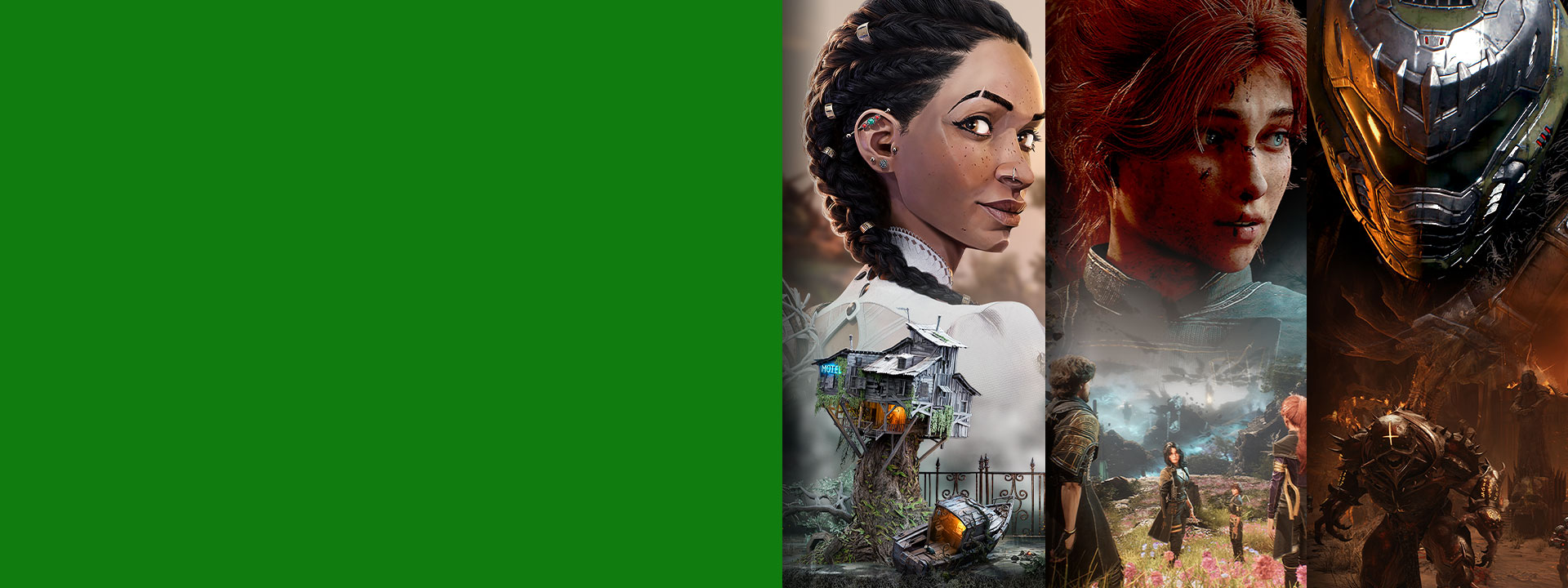 A selection of games available or coming soon with Game Pass including South of Midnight, Clair Obscur: Expedition 33, and DOOM: The Dark Ages