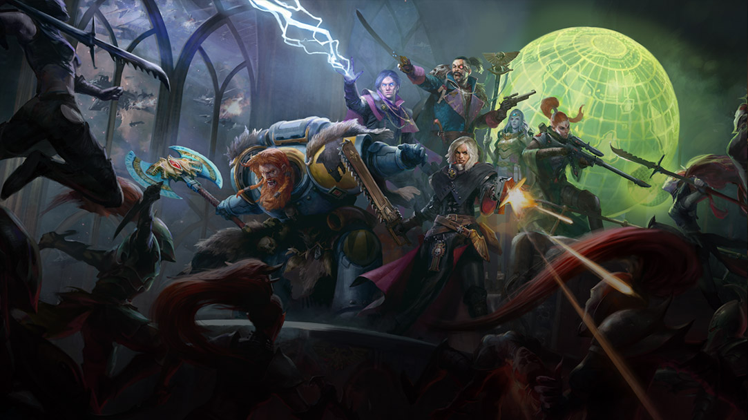 A group of characters fighting a hoard of enemies running toward them.