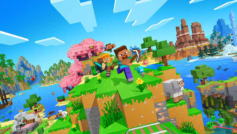 Minecraft players, Steve with a pickaxe and Alex and a sword