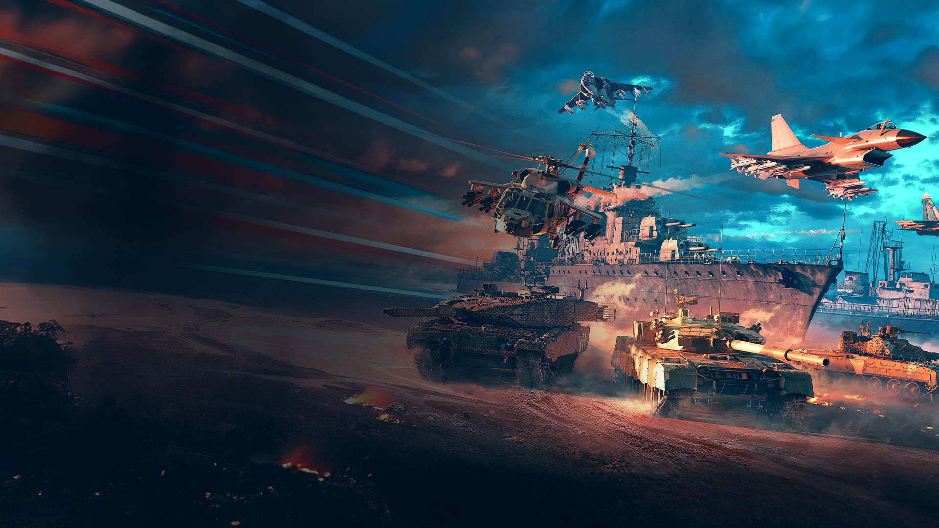 War ships, tanks, and aircrafts rushing forward across a sandy beach.
