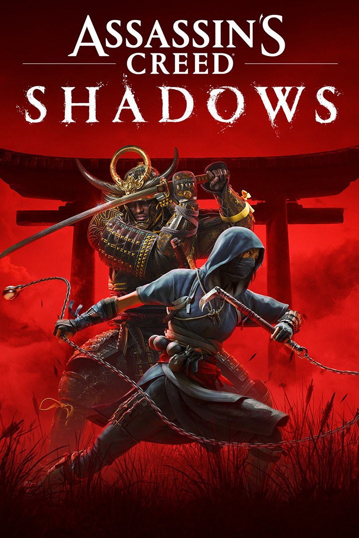 Assassin's Creed Shadows logo, Yasuke and Naoe, standing in front of a Torii surrounded by tattered banners, hold their weapons close.