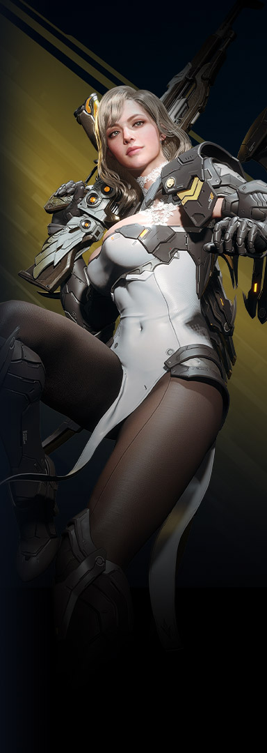 Serena wearing metal armor and a robotic wing with knifed edges. 