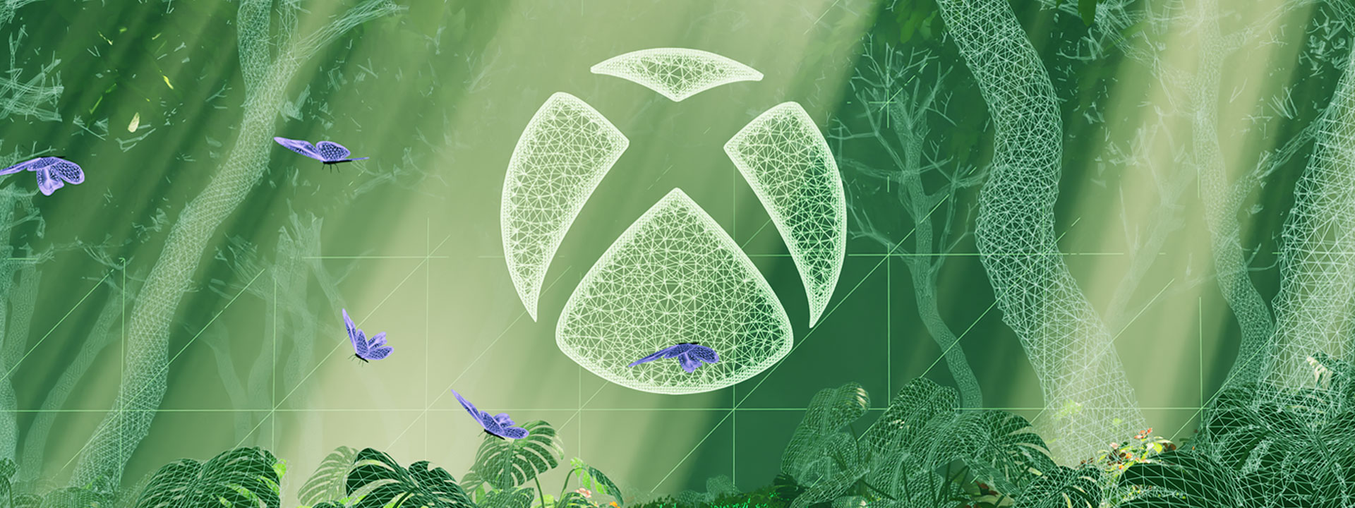 An Xbox logo surrounded by a bright green forest, with sunlight rays and butterflies.