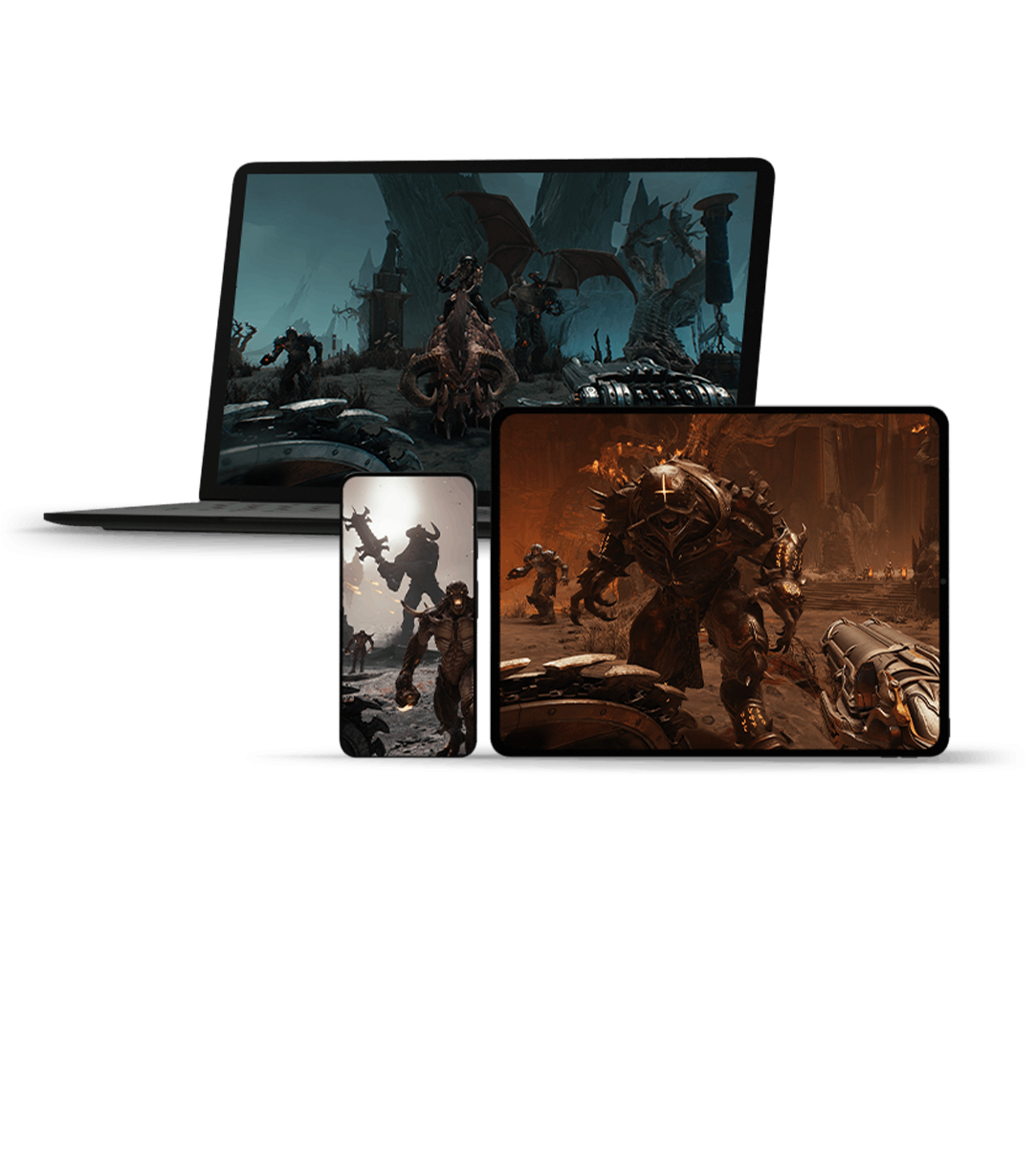 Vorderansicht von drei verschiedenen Monitorbildschirmen, die Doom The Dark Ages anzeigen 