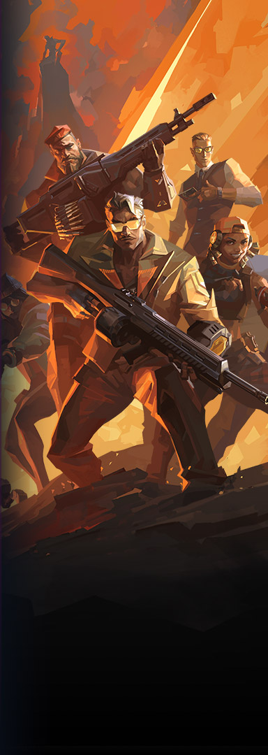A group of Valorant agents standing together on a cliffside with their weapons in hand.