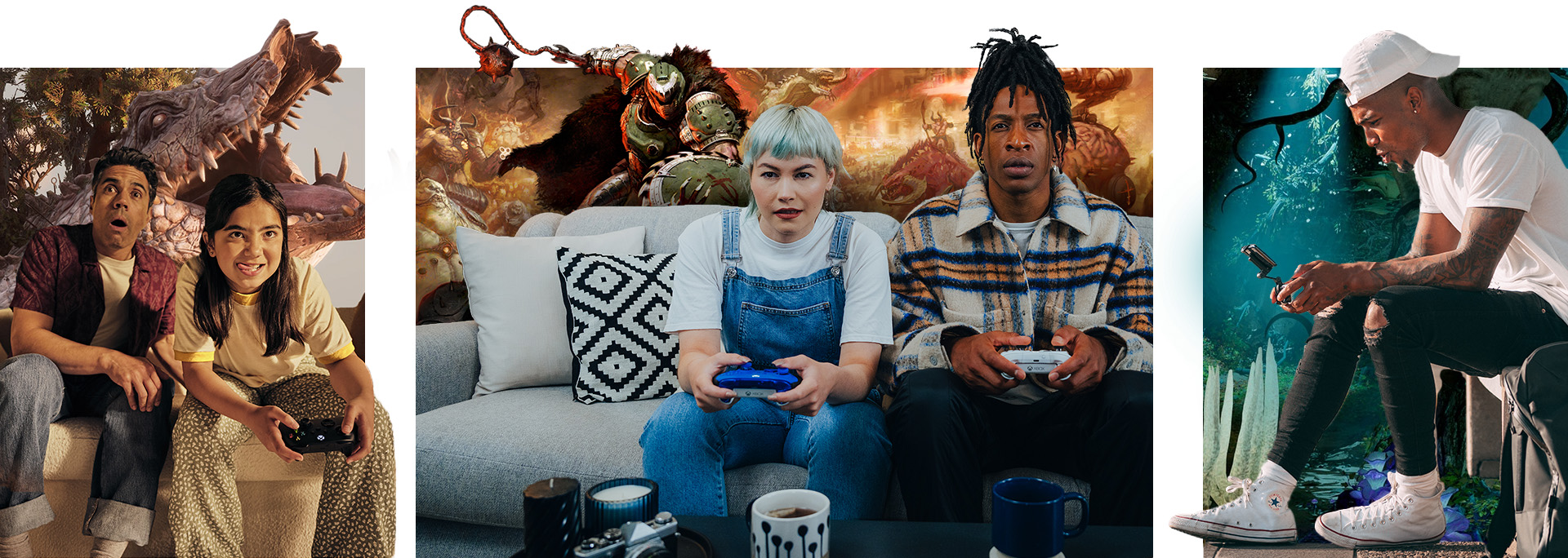 People playing games with game scenes behind them