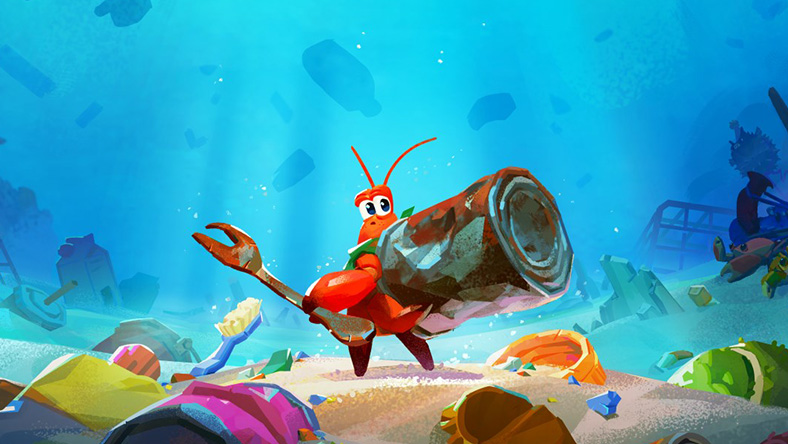 Kril, a hermit crab who has to use trash as a shell, underwater collecting trash
