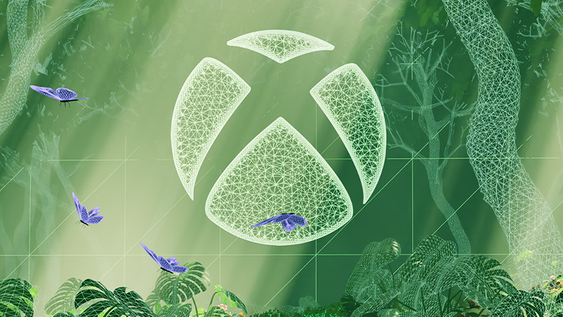 A close crop of an Xbox logo surrounded by a bright green forest, with sunlight rays and butterflies.