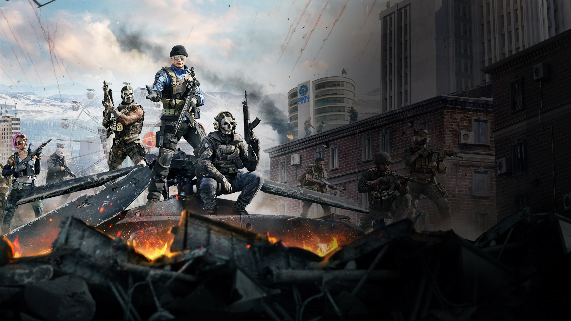 A Call of Duty: Warzone karakterei akcióban épületek tetején, a háttérben óriáskerékkel és hegyekkel.