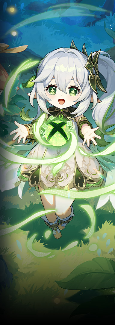 A Genshin Impact character holding an Xbox logo made of green magic.