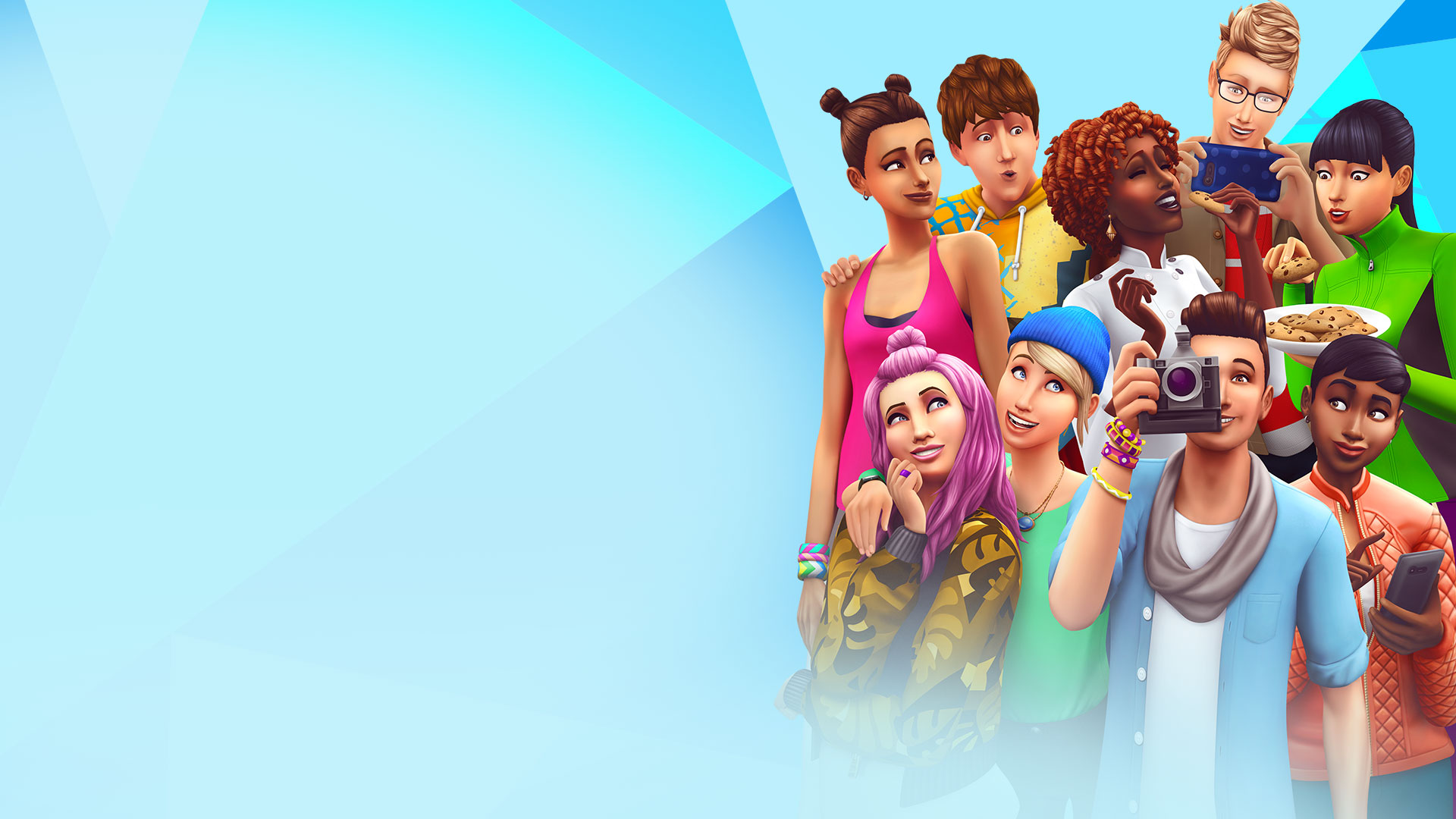 Sims posing, sharing food, and taking a picture in front of a triangular blue, light blue and white mosaic.