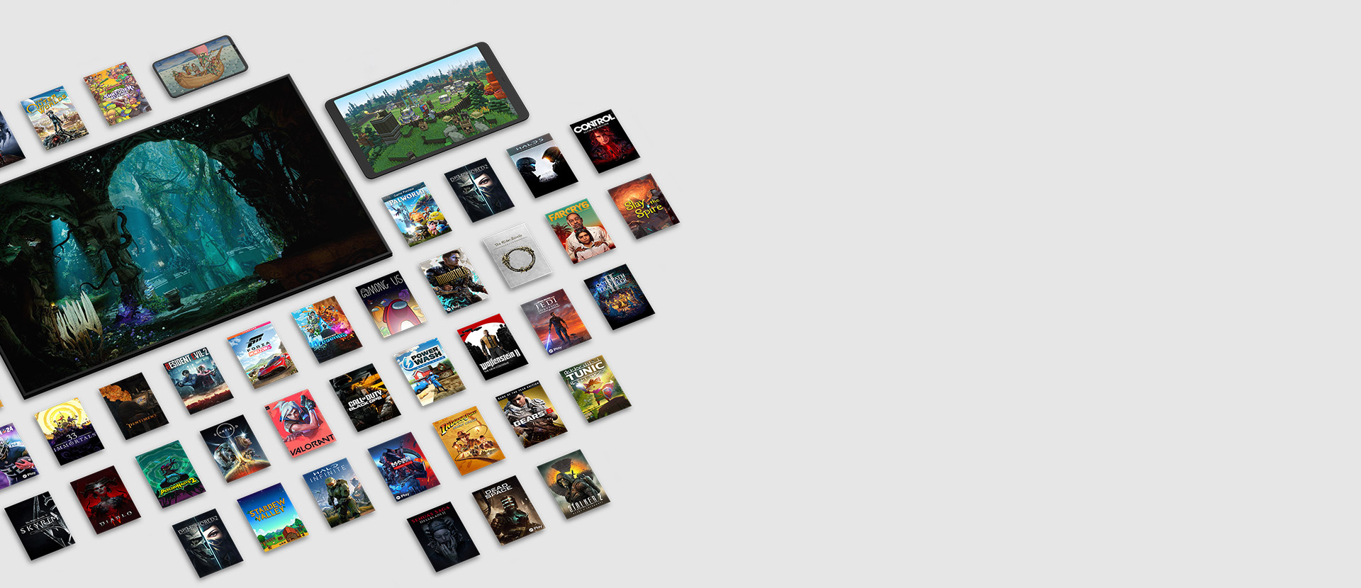 Box shots of multiple games available with Game Pass Ultimate surrounded by a mobile phone, tablet, and TV