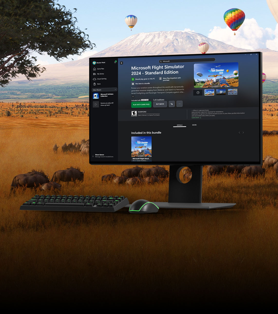 front view of monitor screen displaying microsoft flight simulator 2024 on xbox store
