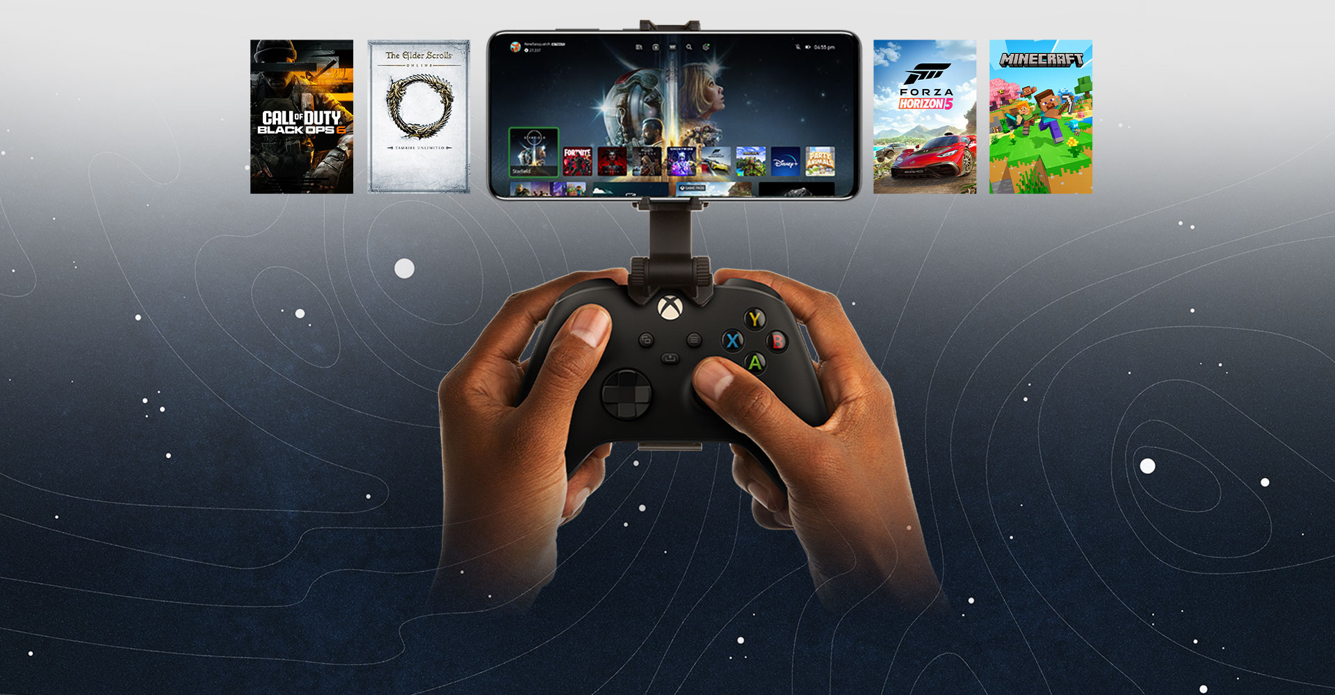 Um dispositivo móvel está conectado a um controle do Xbox, mostrando uma seleção de títulos para jogar. O mundo de Halo Infinite vai além do telefone.