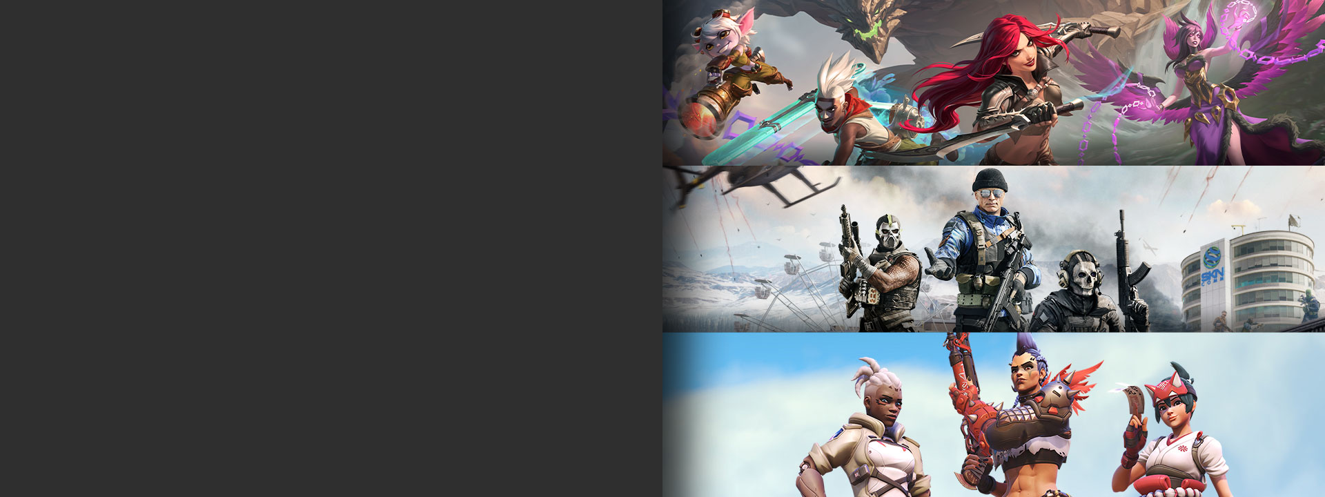 Játékgrafikák több ingyenesen játszható játékból, köztük a League of Legends, a Call of Duty: Warzone és az Overwatch 2.
