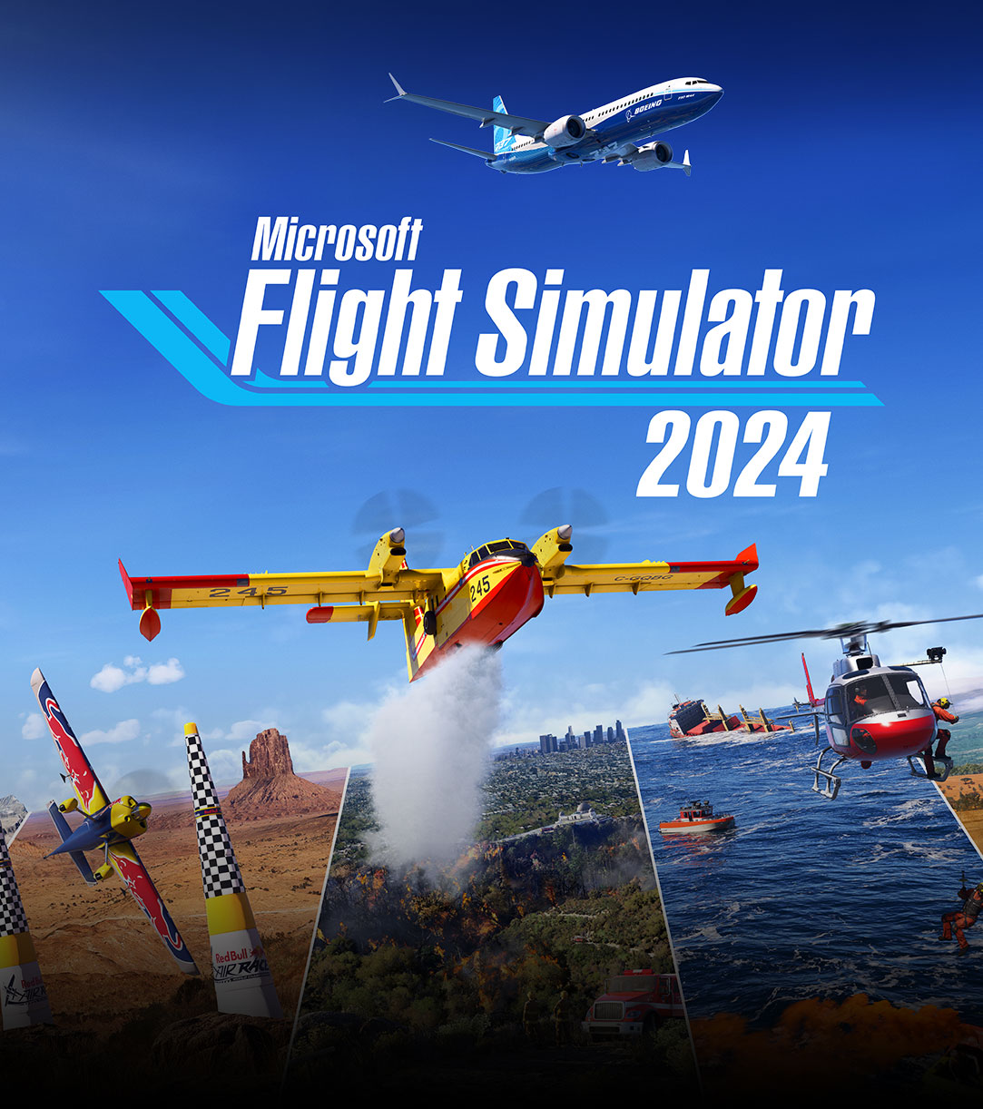 Microsoft flight simulator 2024 logo, planes, blimps, and hot air balloons flying over multiple different scenes of nature.