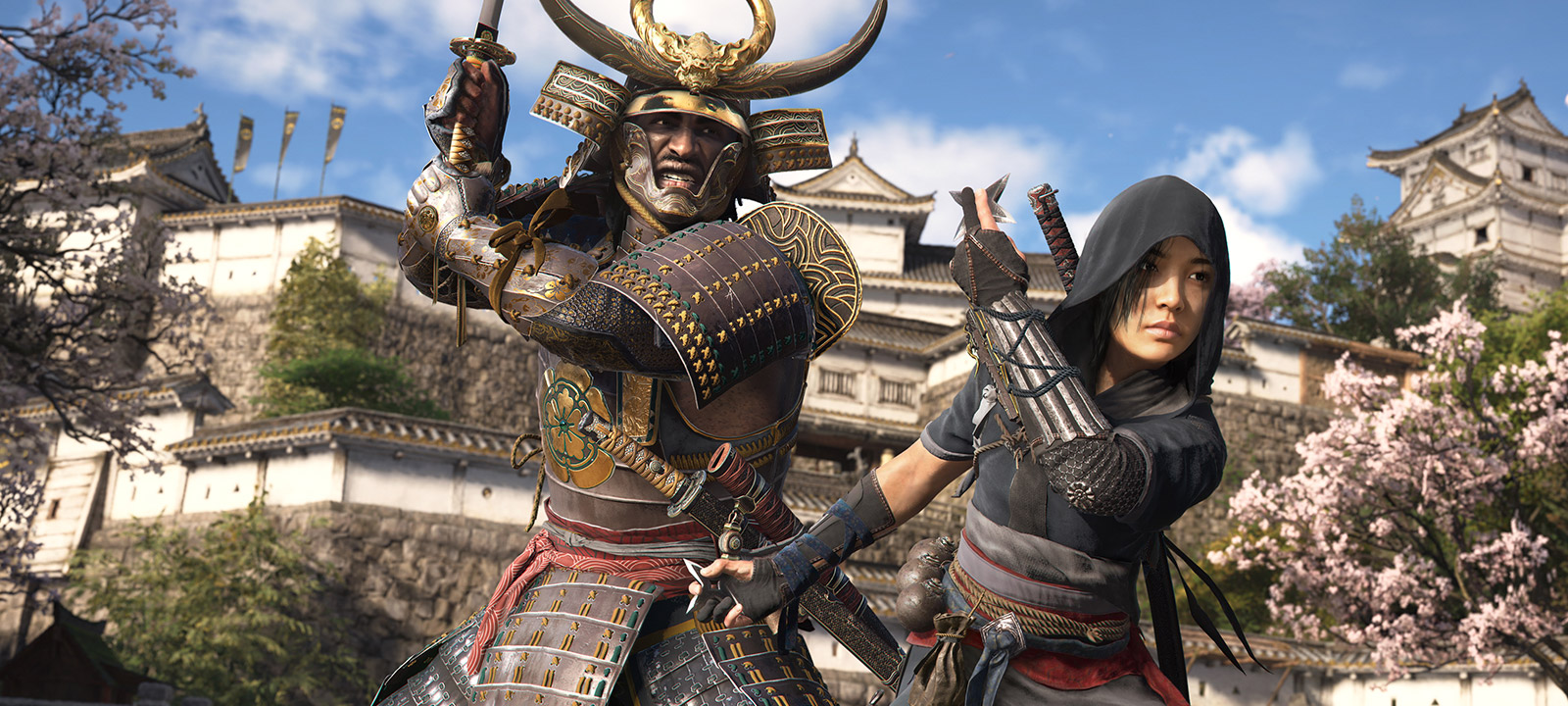 Yasuke and Naoe depart from a castle lush with trees.