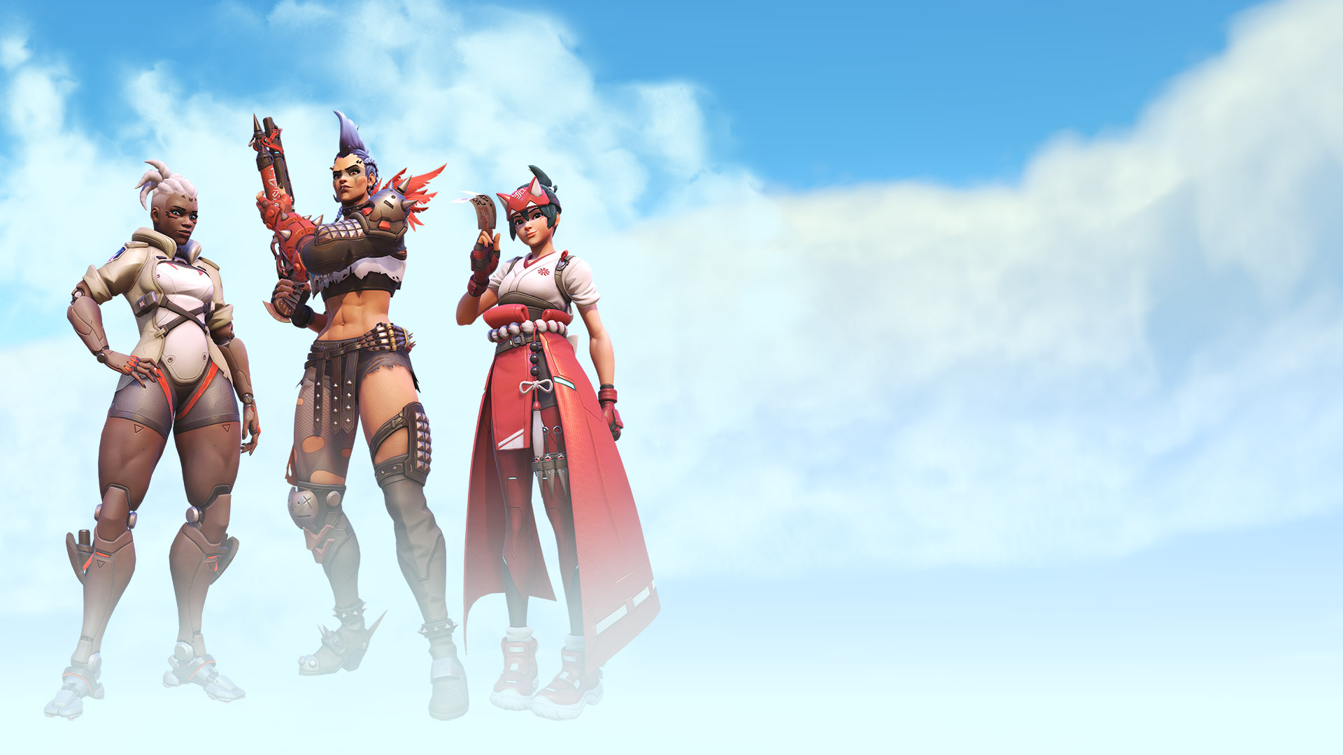 Overwatch 2, Sojourn, Junker Queen és Kiriko magabiztosan pózolnak a felhők között