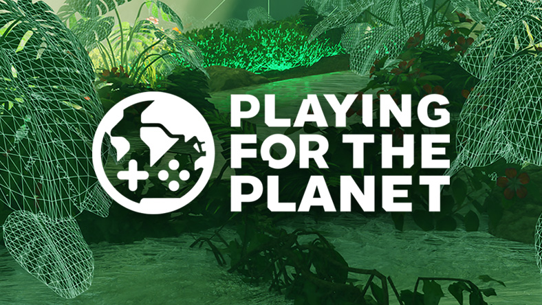 Playing for the Planet logo, surrounded by a bright green forest matrix.