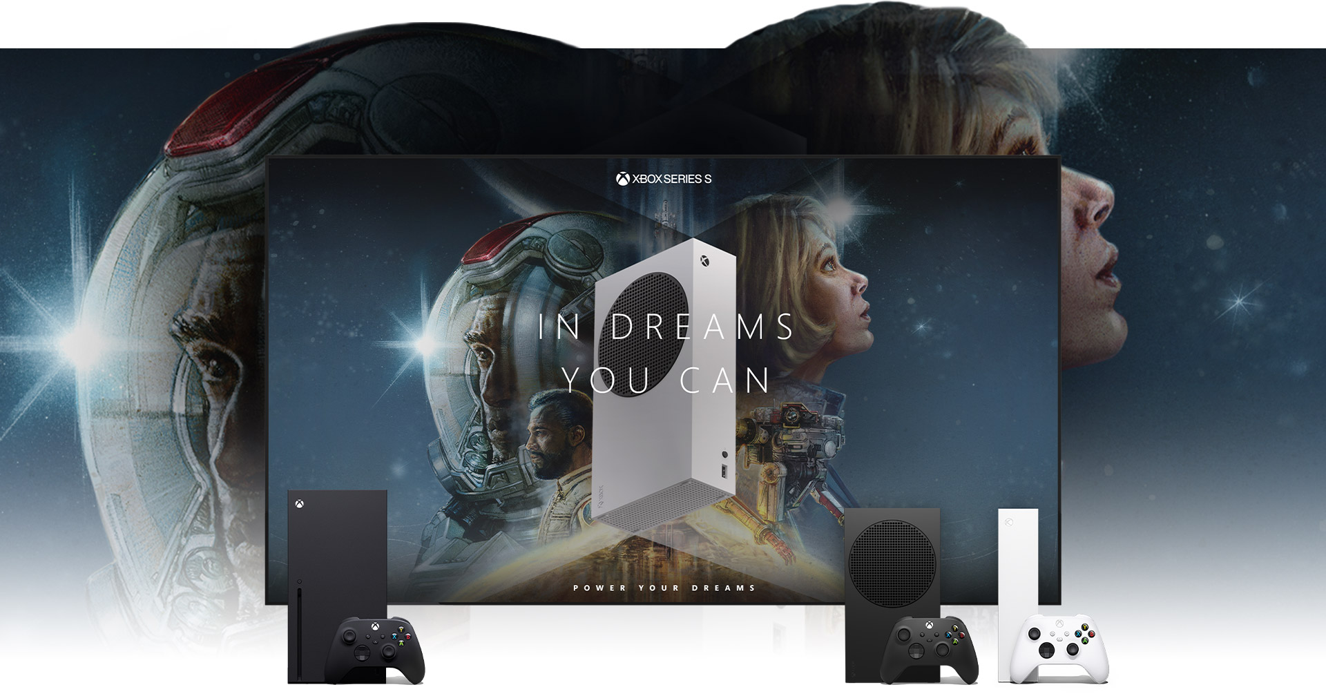 Консоль Xbox Series X|S рядом с телевизором, на экране которого отображаются обои из игры Starfield с надписью «Воплотите свои мечты»