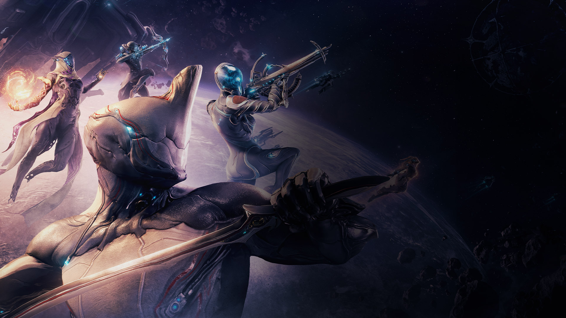Warframe karakterek fegyvert forgatva ugranak az űrben egy bolygó felett.