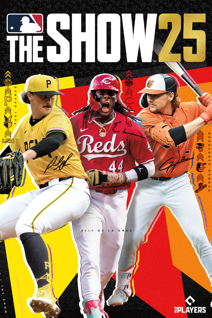 MLB the show 25 logo, Paul Skenes, Elly De La Cruz, and Gunnar Henderson collaged together in front of a colorful chevron pattern.