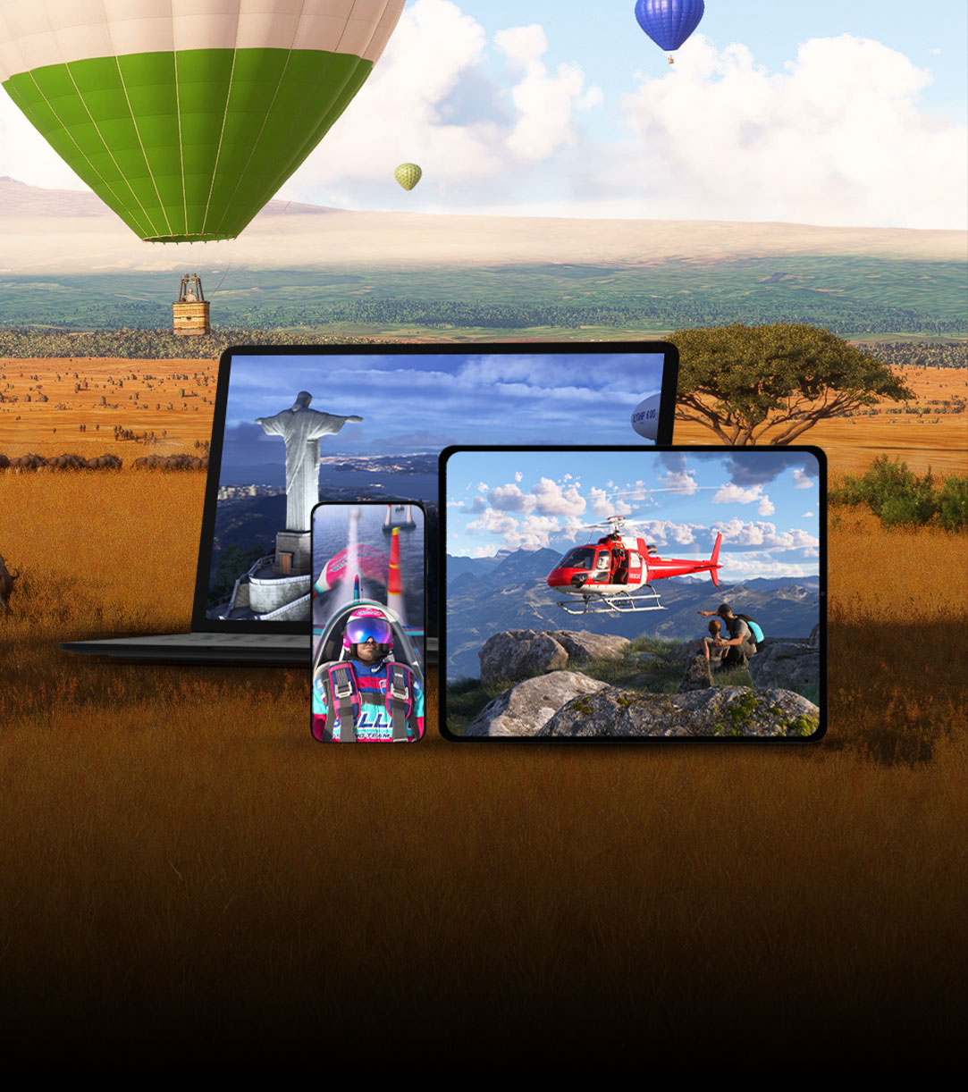 front view of three different monitor screens displaying microsoft flight simulator 2024