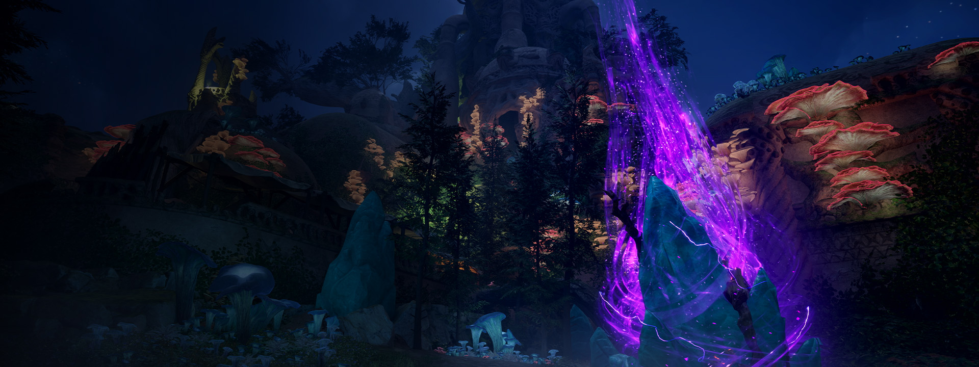 In a rocky terrain densely populated with mushrooms, a purple energy rises into the air at night.