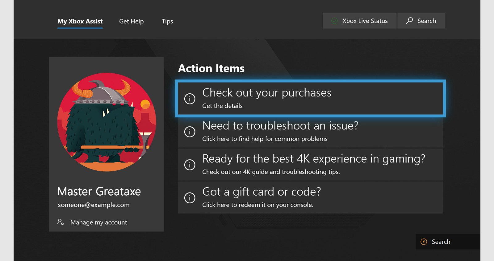 A screenshot showing the Xbox Assist support UI. Action items list 4 options including Check out your purchases, Need to troubleshoot an issue?, Ready for the best 4K experience in gaming?, and Got a gift card or code?
